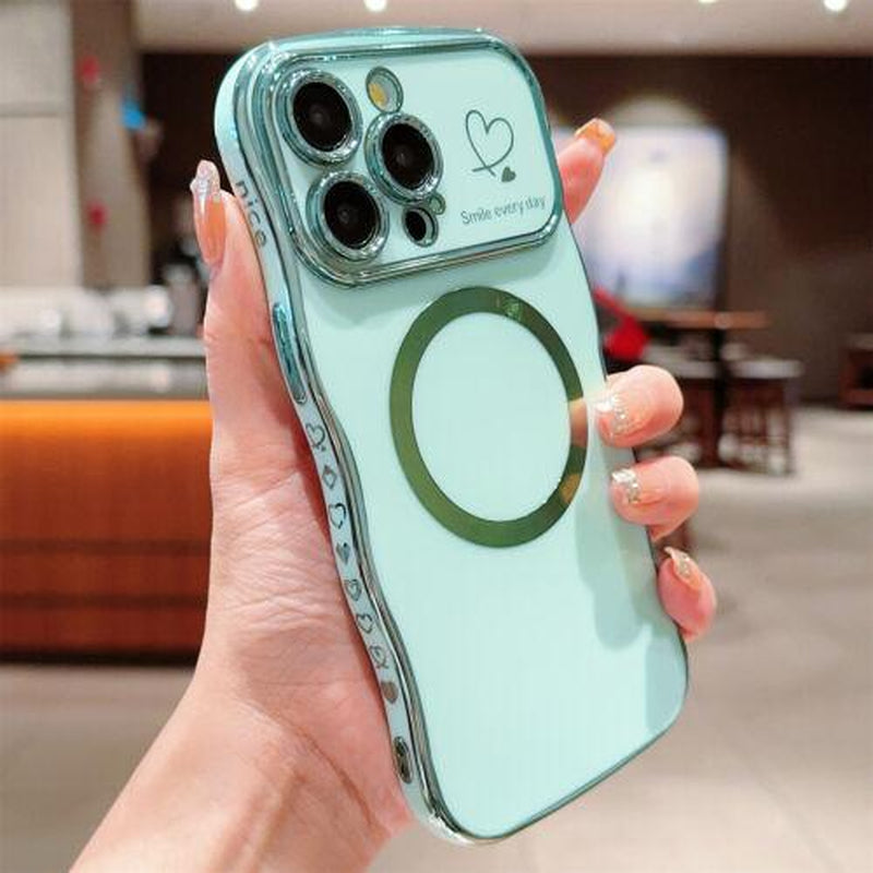 For Iphone 16 Pro Max 15 14 13 12 Magnetic Soft Wave Frame Curly Shape Love Heart Plating Girls Case