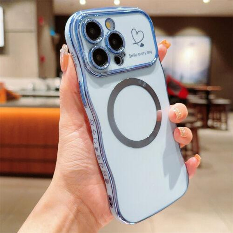 For Iphone 16 Pro Max 15 14 13 12 Magnetic Soft Wave Frame Curly Shape Love Heart Plating Girls Case