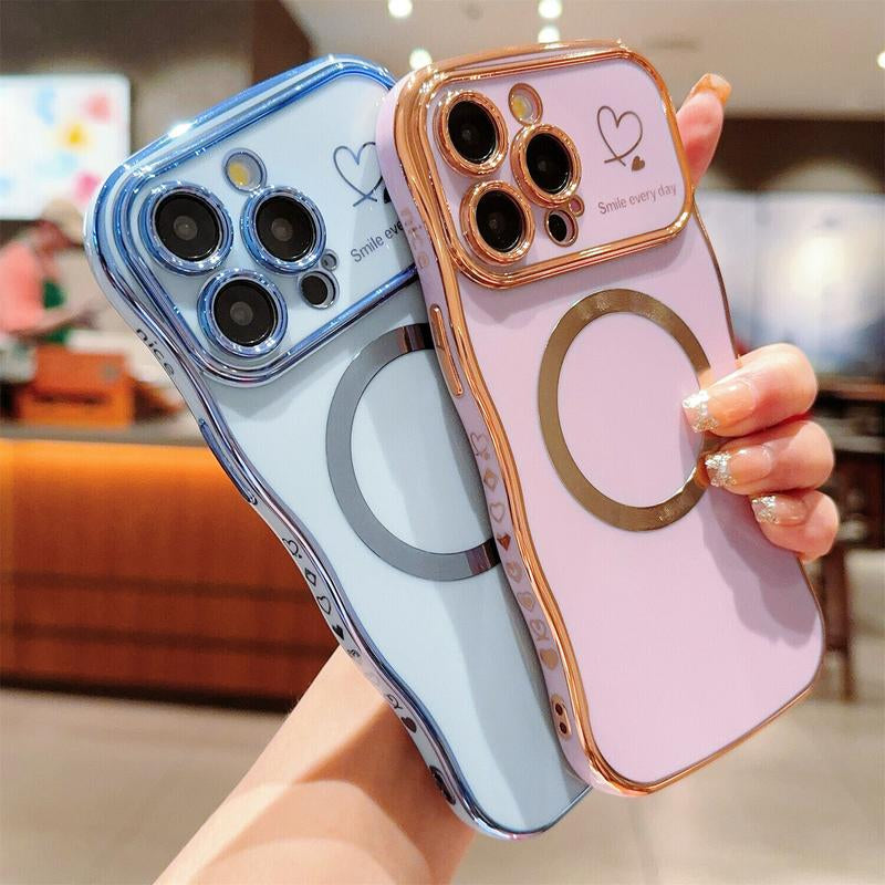 For Iphone 16 Pro Max 15 14 13 12 Magnetic Soft Wave Frame Curly Shape Love Heart Plating Girls Case