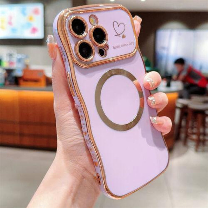 For Iphone 16 Pro Max 15 14 13 12 Magnetic Soft Wave Frame Curly Shape Love Heart Plating Girls Case