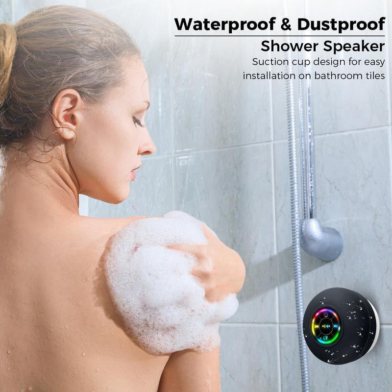 Waterproof Bluetooth Shower Speaker with LED Lights, IPX4 Portable Mini Speaker for Bathroom, Beach, Girlfriend Gift Travel and Home Environments - USB Rechargeable, Boyfriend Gift Provides Hands-Free Audio for Smartphones and Tablets