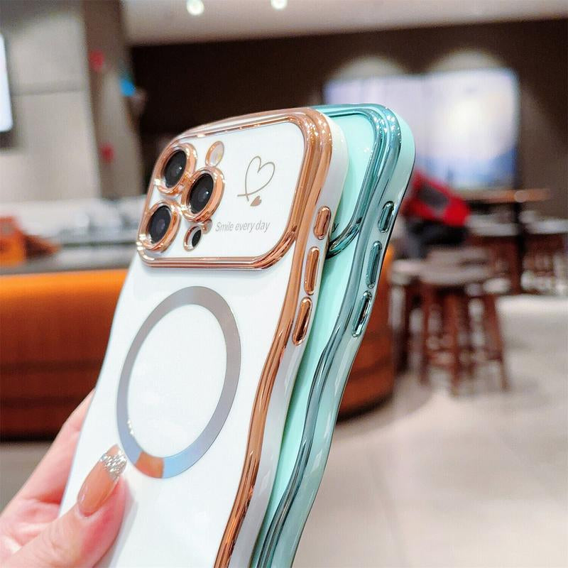 For Iphone 16 Pro Max 15 14 13 12 Magnetic Soft Wave Frame Curly Shape Love Heart Plating Girls Case