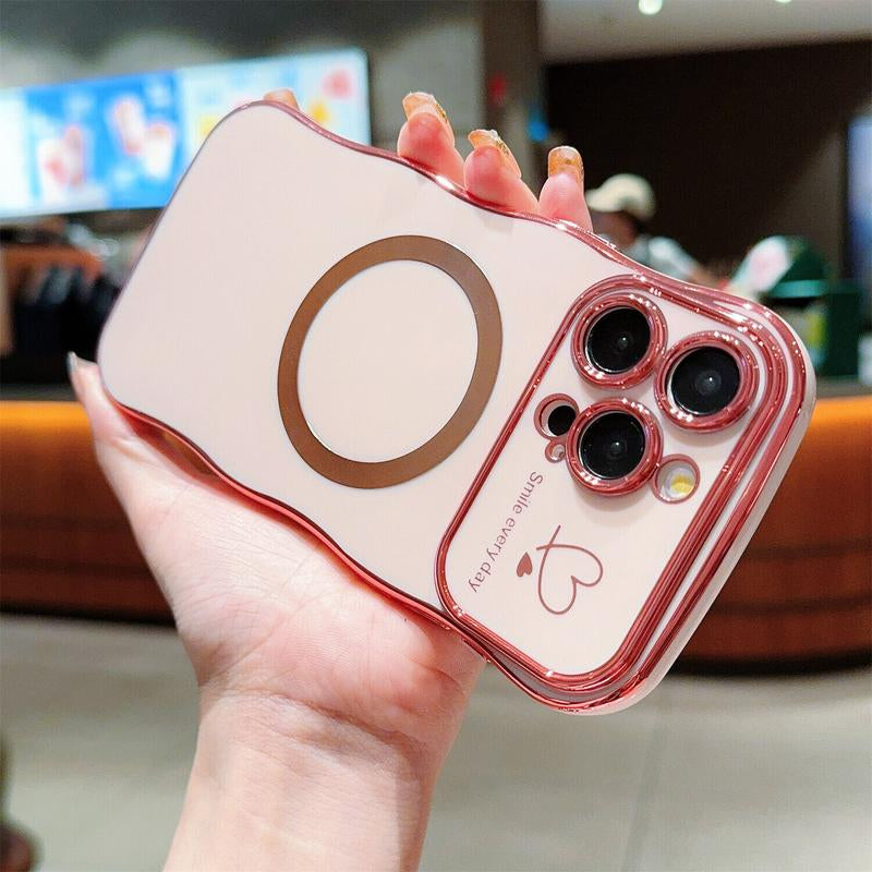 For Iphone 16 Pro Max 15 14 13 12 Magnetic Soft Wave Frame Curly Shape Love Heart Plating Girls Case